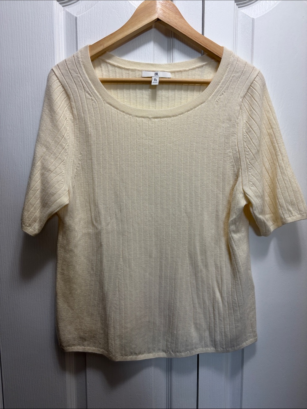Banana Republic Cream Ribbed Short-Sleeve Merino Sweater Top - XL